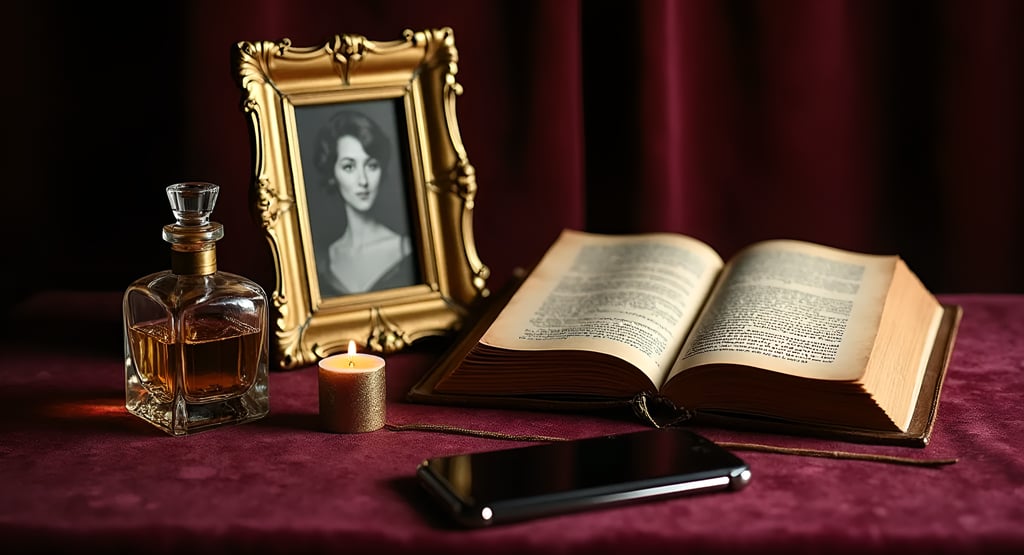 Gold photo frame, journal, and candle on velvet—mood of intimacy and mystery