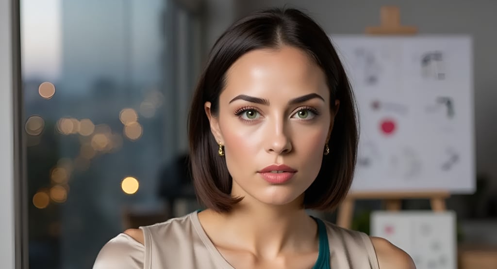 Blurred window reflection with red lips and city lights, desk glowing behind