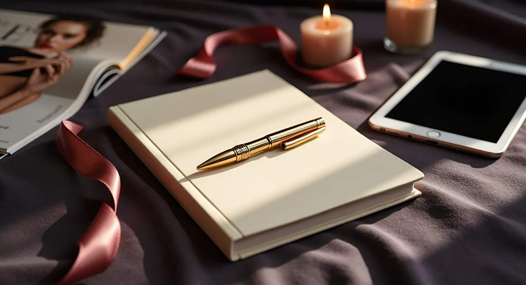 Notebook, gold pen, silk ribbon and tablet laid on soft velvet background