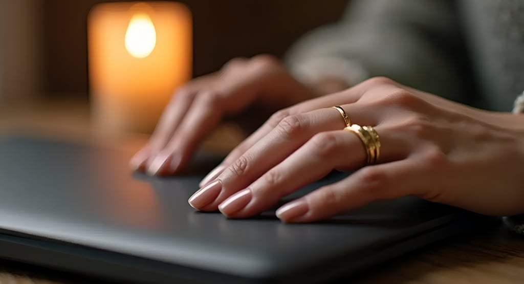 Vivienne’s hand with gold rings rests on laptop beside soft candle glow