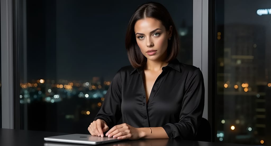 Vivienne at a sleek desk, tablet open, city lights reflected behind her