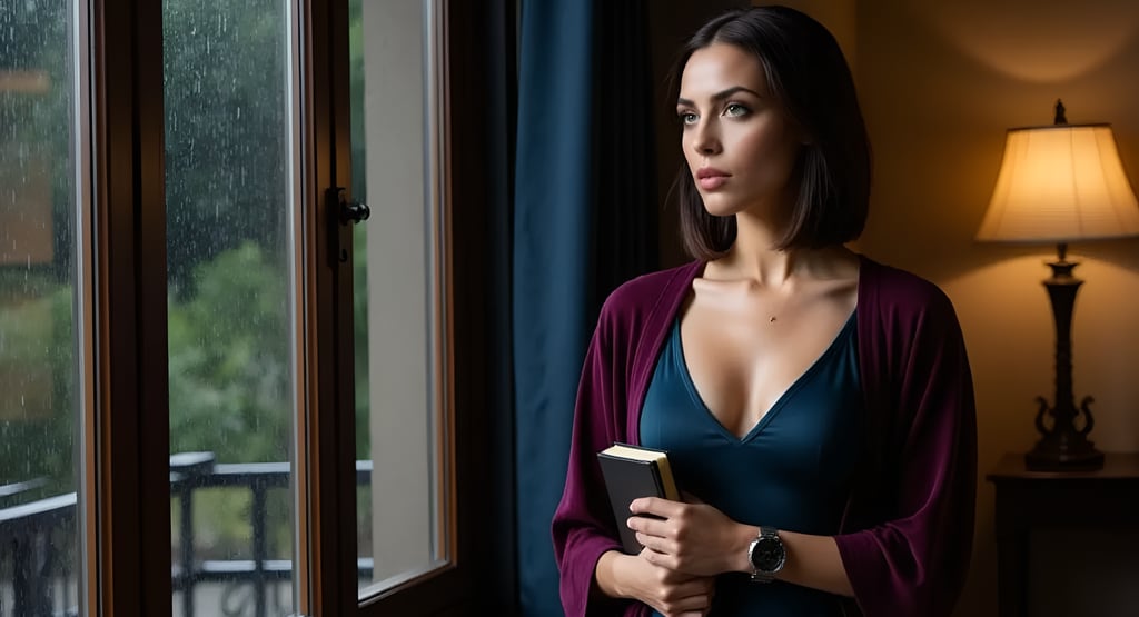 Vivienne Vale in twilight light, reflecting near window.