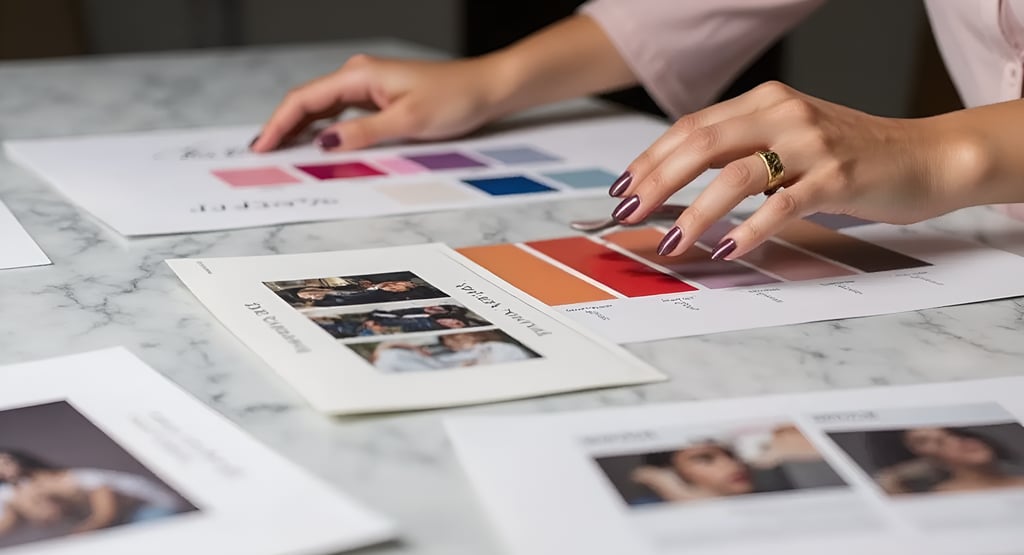 Curating brand elements on a marble desk with elegance.