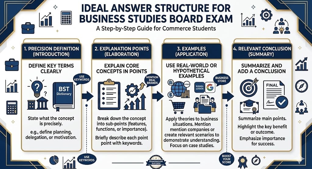 Business Studies answer writing structure infographic for Class 12 commerce board exam preparation