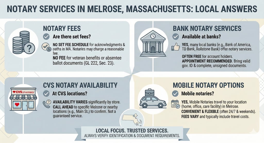 Notary services in Melrose Massachusetts showing common questions about notary fees banks CVS and mo