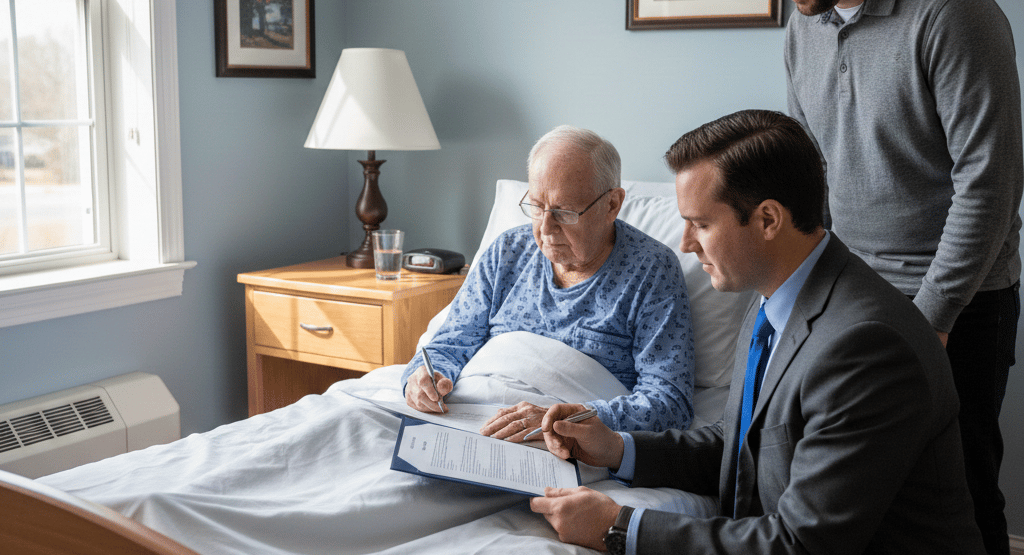 Mobile notary providing bedside notarization at a Massachusetts nursing home