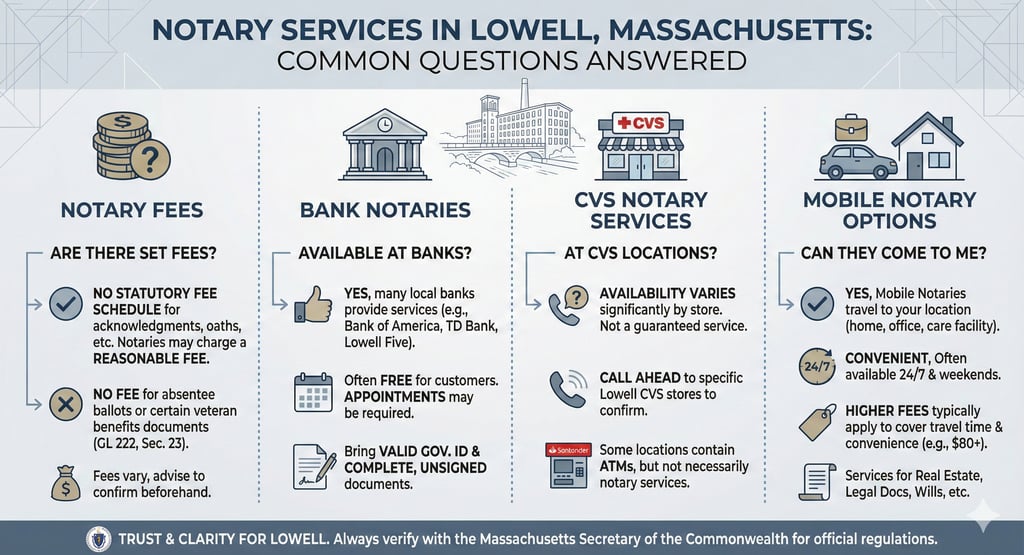 Notary services in Lowell Massachusetts showing common questions about notary fees banks CVS and mob