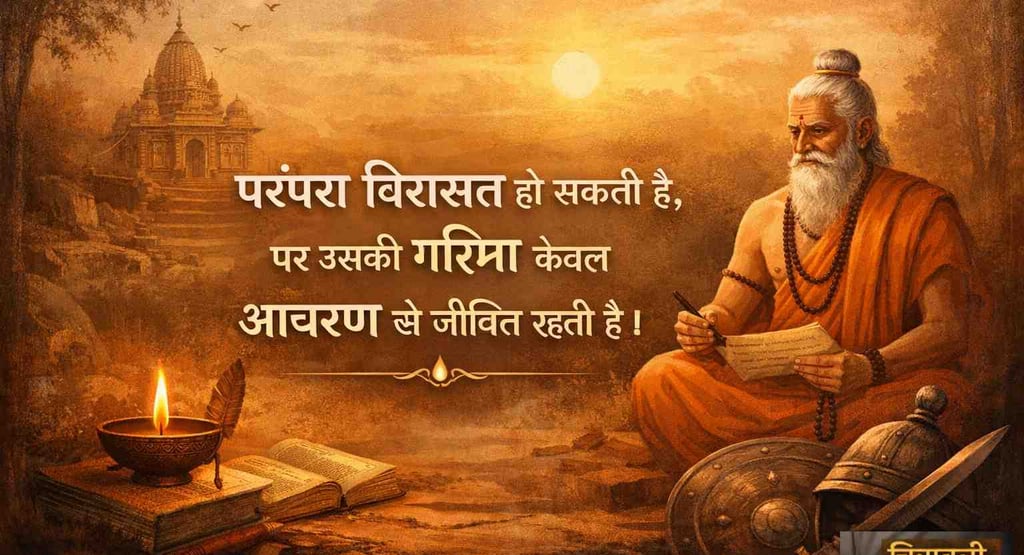 परंपरा और आचरण पर आधारित उद्धरण के साथ भारतीय सांस्कृतिक प्रतीकात्मक चित्र — ऋषि, दीपक और ज्ञान का वातावरण