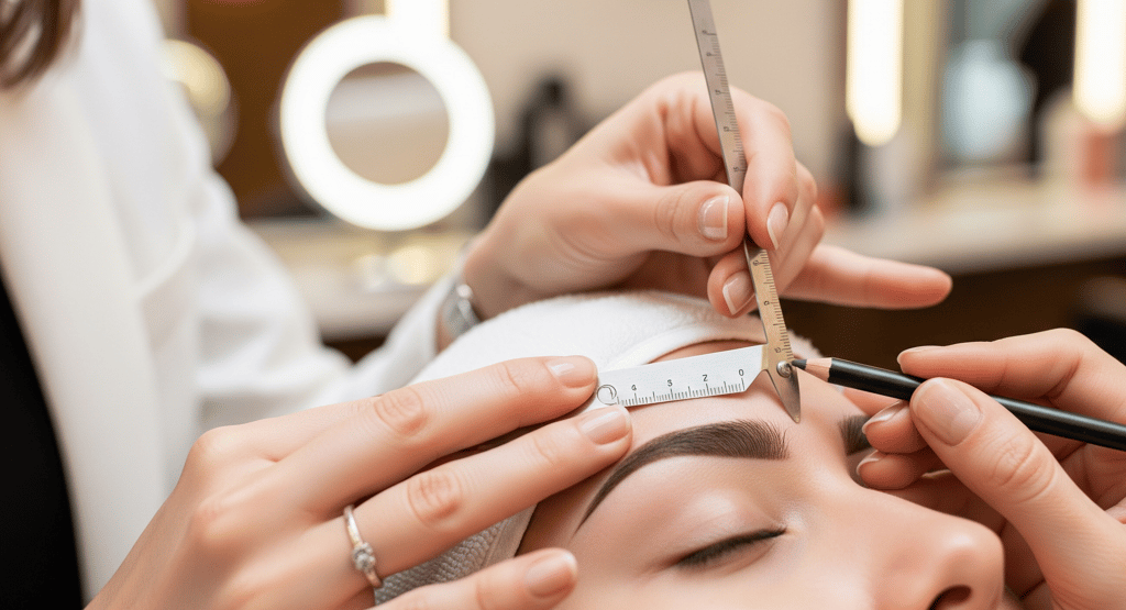 Designer de sobrancelhas usando visagismo em um salão de beleza premium em Bauru.