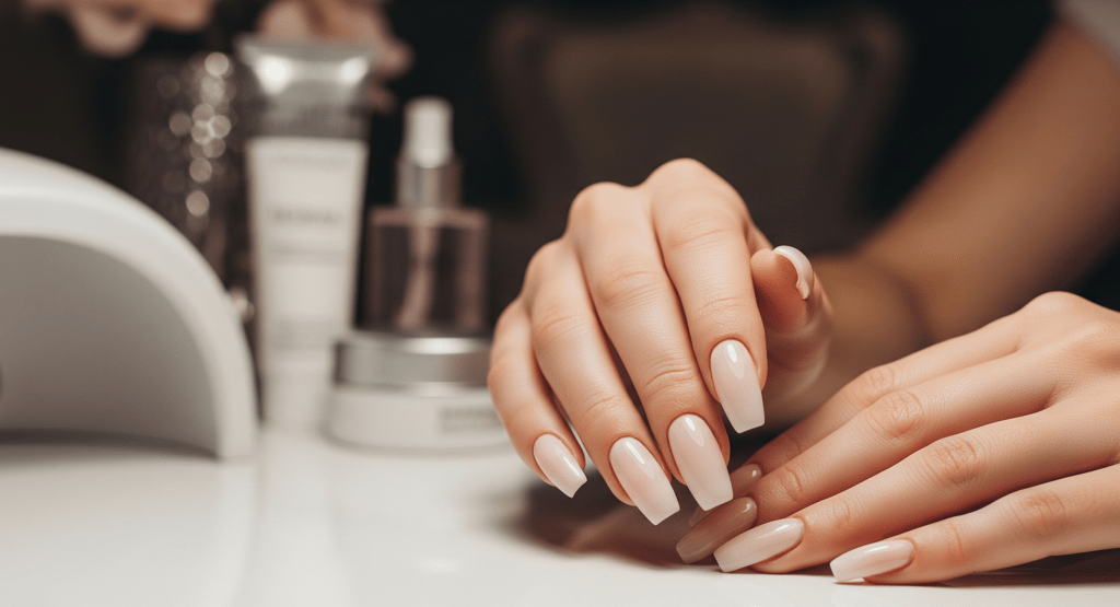 Close-up de mãos femininas com alongamento de unhas bem cuidado no salão We Hall Beauty em Bauru.
