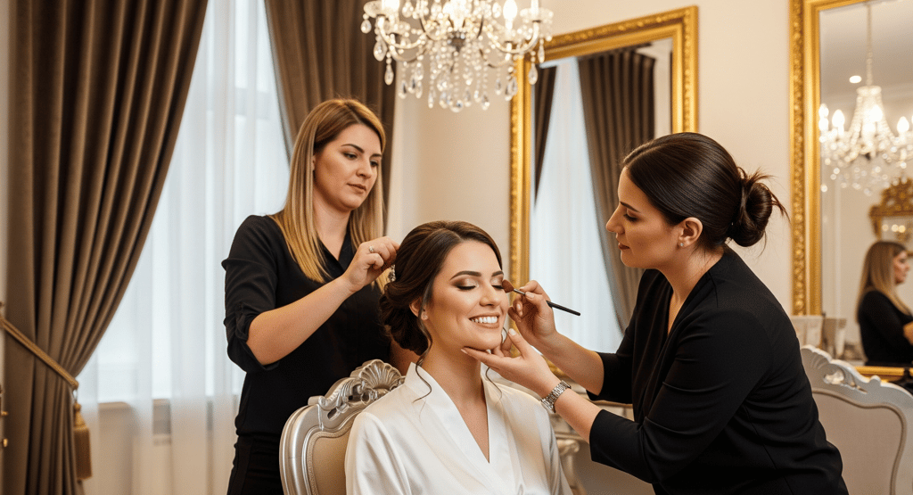 Noiva relaxando em um salão de beleza premium em Bauru, sendo preparada para o casamento.