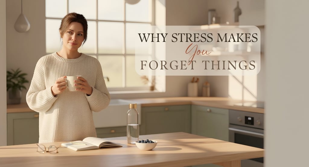 A woman holding a mug in a kitchen with text explaining why stress causes memory loss.