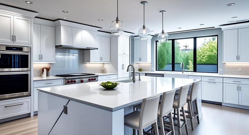 a kitchen with a bowl of fruit on the counter