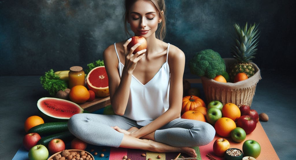 Une femme assise prend conscience de son alimentation en mangeant une pomme