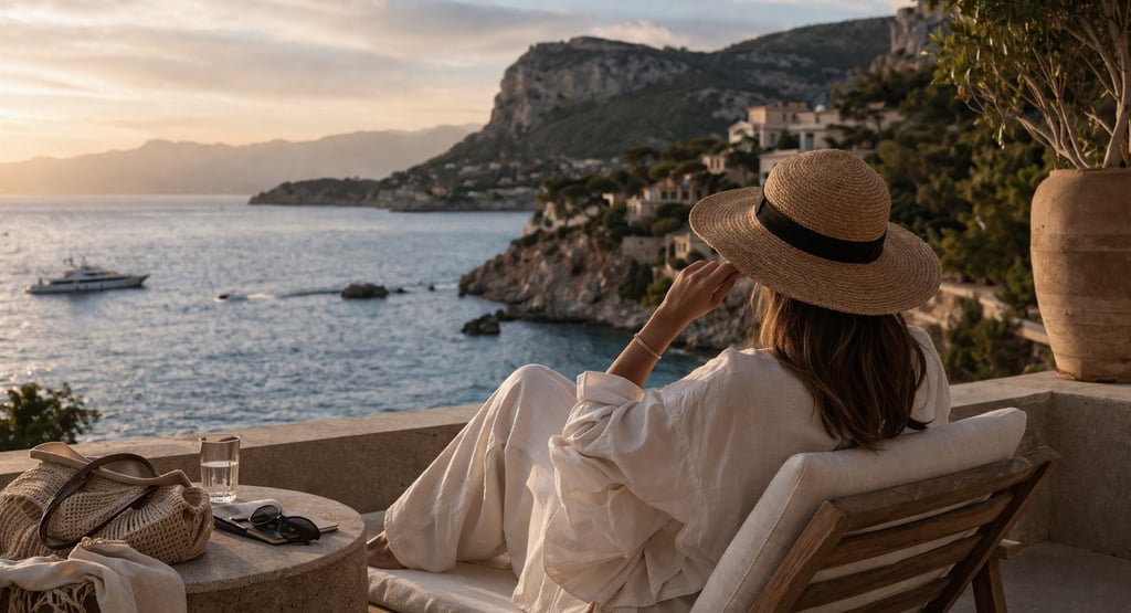 Woman relaxing on luxury seaside terrace at sunset.