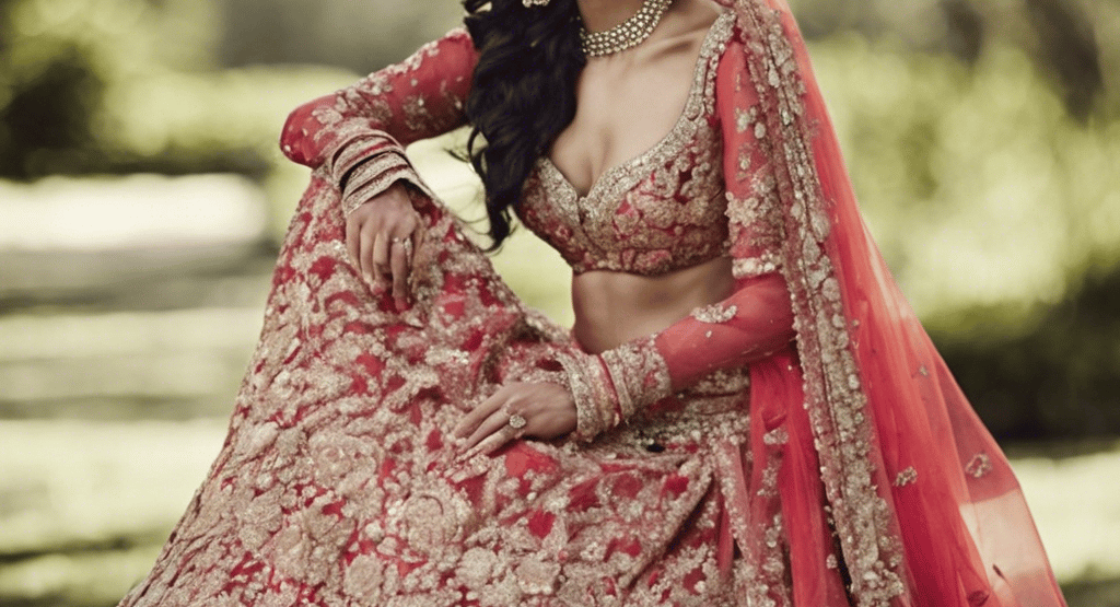 a woman in a red and gold bridalle dress