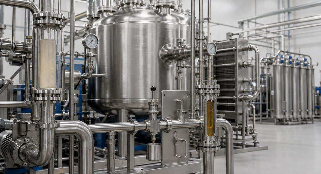 Starch hydrolysate processing line with sanitary sampling and sight-glass monitoring.