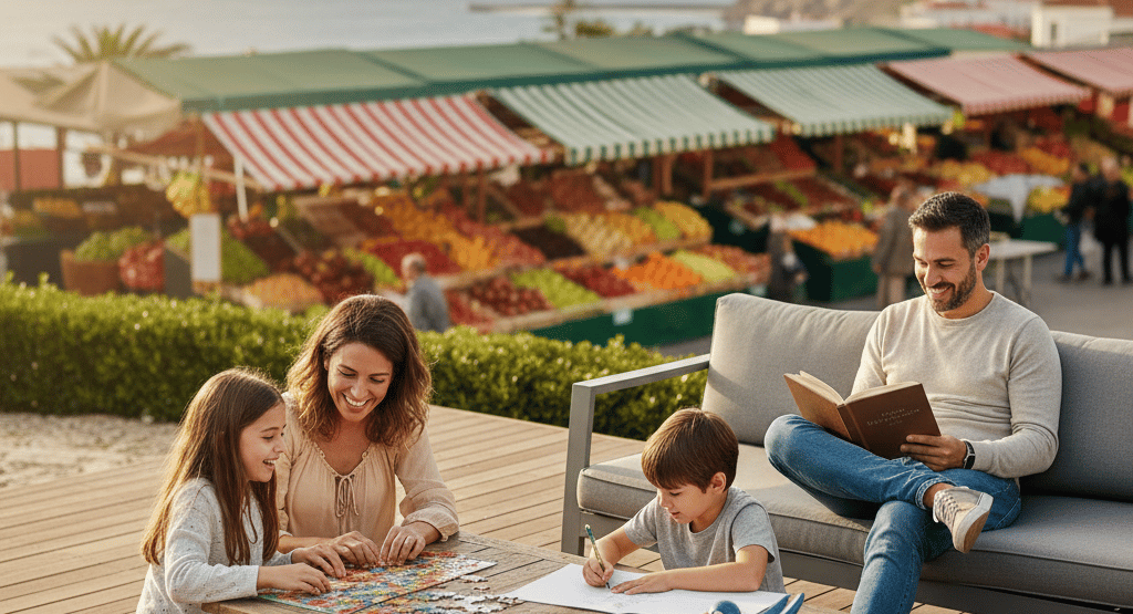 Uma família jovem a desfrutar do jardim de uma moradia espaçosa em Caldas da Rainha, ilustrando o ga