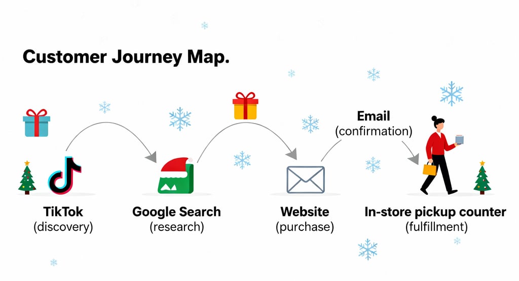Omnichannel Christmas shopper journey map linking social media, search, website, email and in-store 