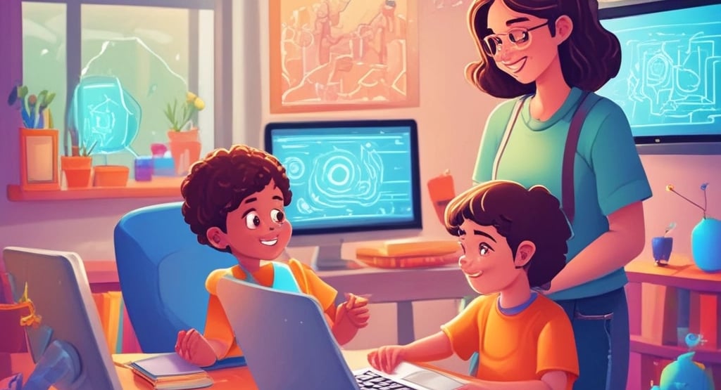 a woman and two children sitting at a desk in front of pc