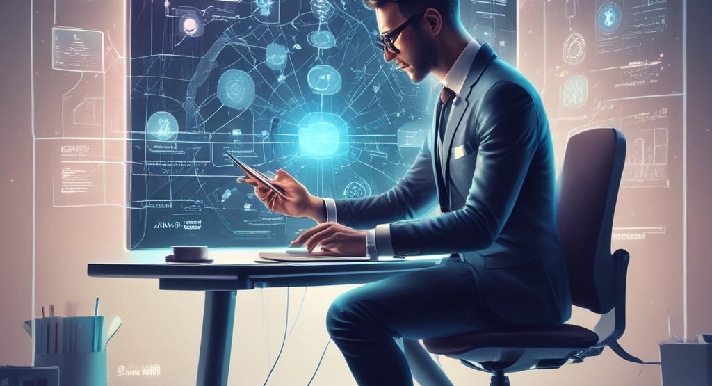 a man sitting at a desk with a laptop and a tablet