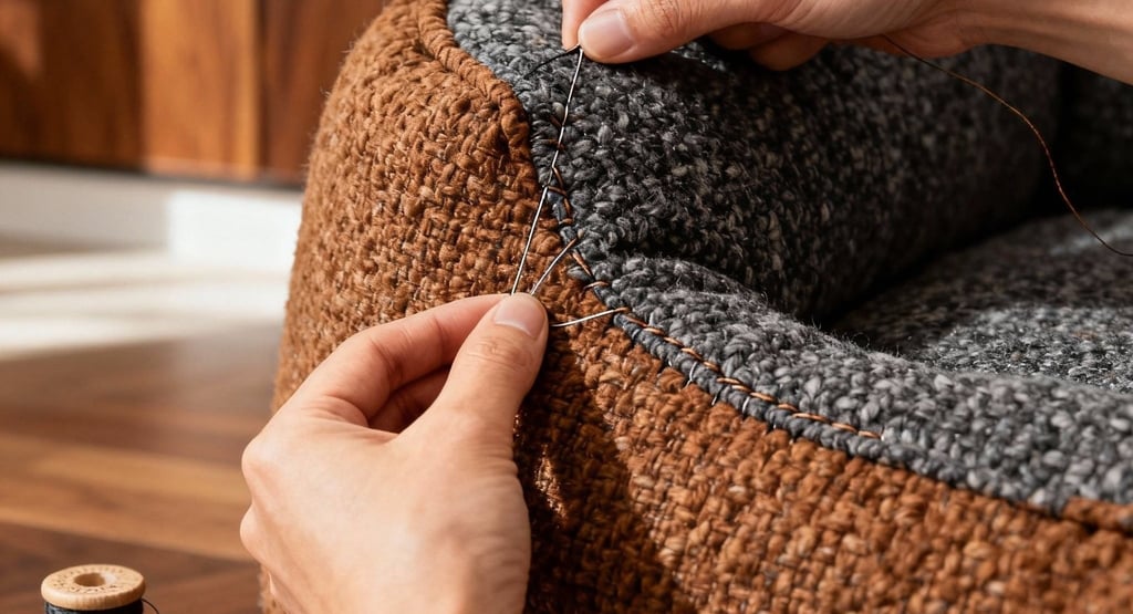 Artisan hand-stitching the cushion of a walnut and boucle luxury cat bed in workshop setting.