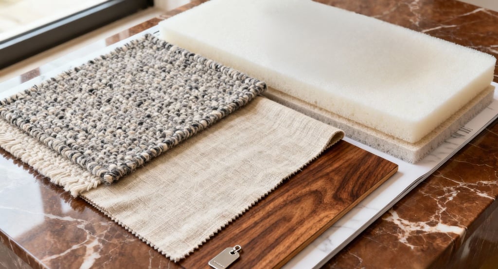 Luxury cat bed materials including boucle, linen, walnut, and memory foam arranged in a refined flat