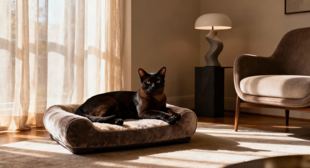 Black cat relaxing on a designer and boucle cat bed in a mid-century modern interior