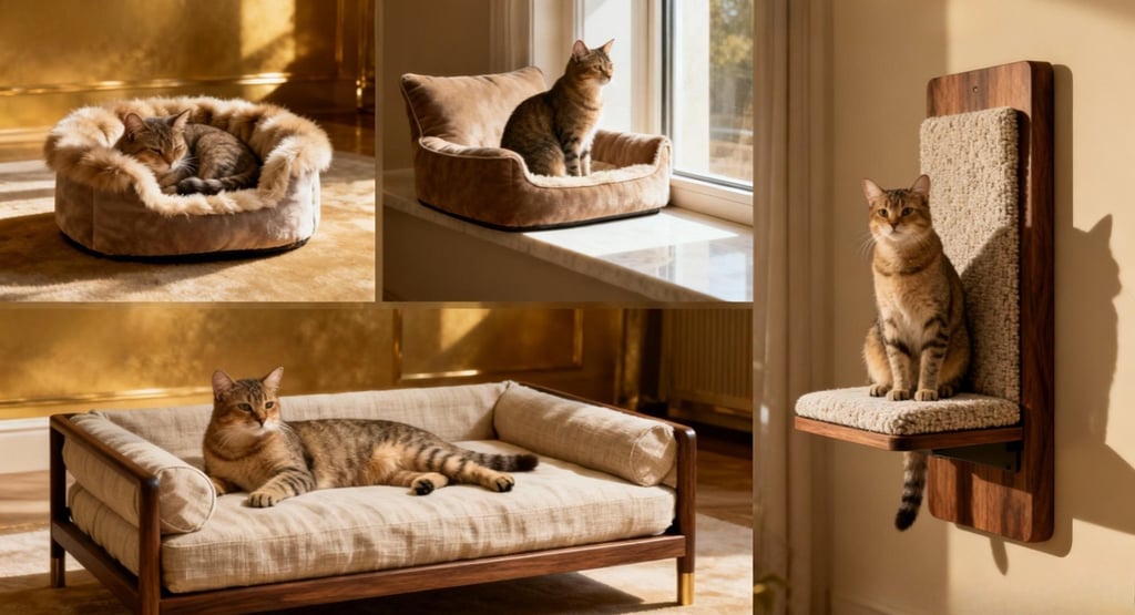 Sustainable luxury cat bed made with natural materials and eco-certified fabrics in a serene,