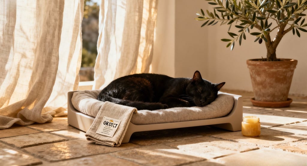 Sustainable luxury cat bed made with natural materials and eco-certified fabrics in a serene, sunlit