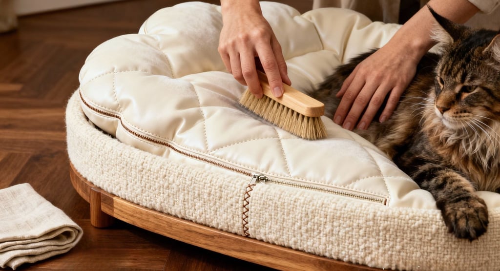 Maintaining a luxury cat bed with gentle cleaning for long-term comfort. Cat is Main coon