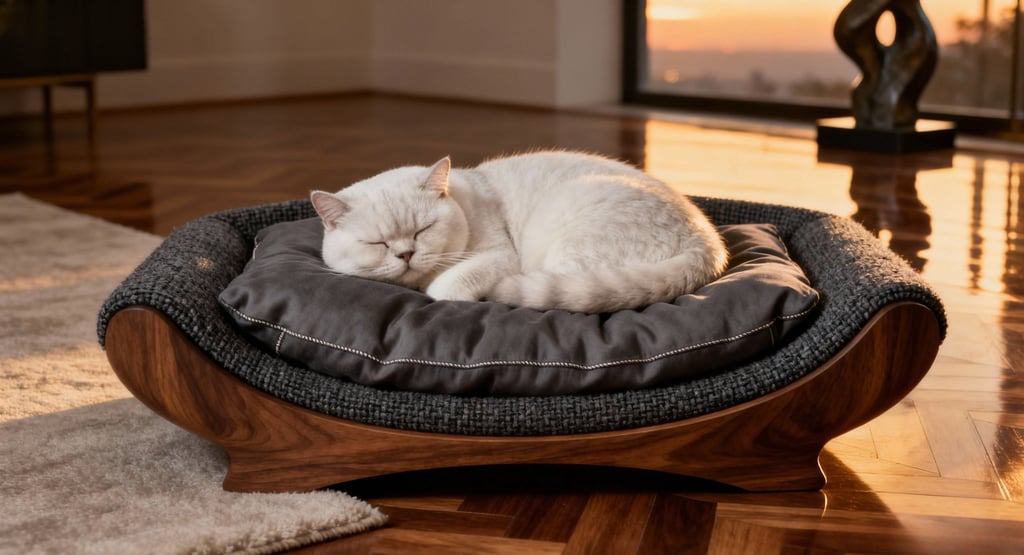 White cat sleeping on a walnut and charcoal luxury cat bed at sunset.