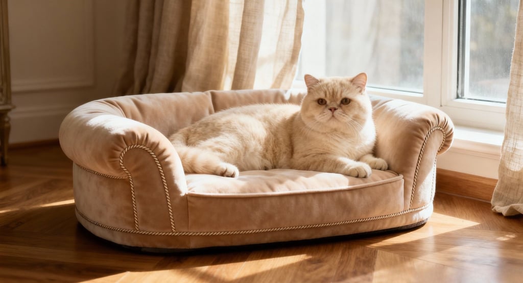 Persian cat resting on a beige linen luxury cat bed in soft morning light.