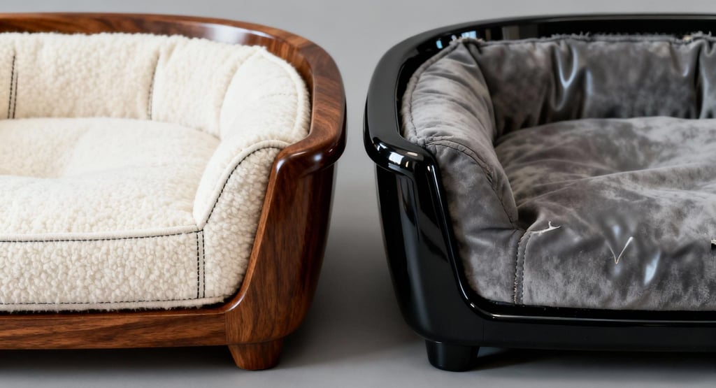 Comparison of authentic luxury cat bed and mass produced imitation