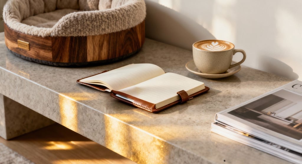 Luxury cat bed beside notebook and coffee cup in an elegant modern setting.