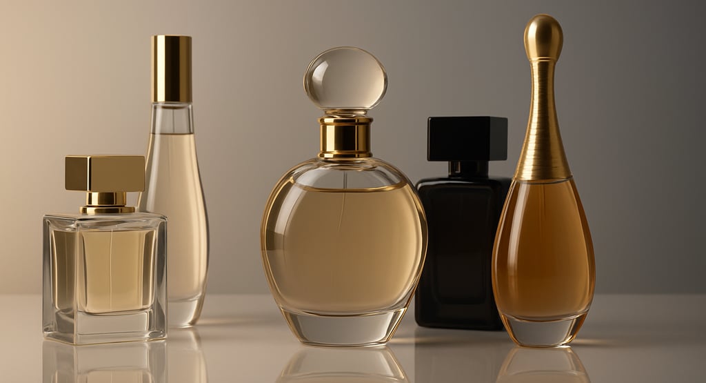 Five luxurious perfume bottles in varied shapes with gold, glass, and black caps on reflective