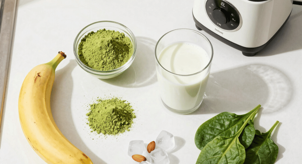 Matcha weight loss shake ingredients showing how to make Matcha Suri natural slimming drink