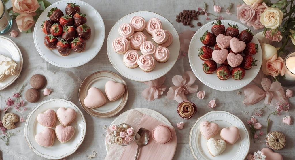 a Valentine's table with a variety of desserts