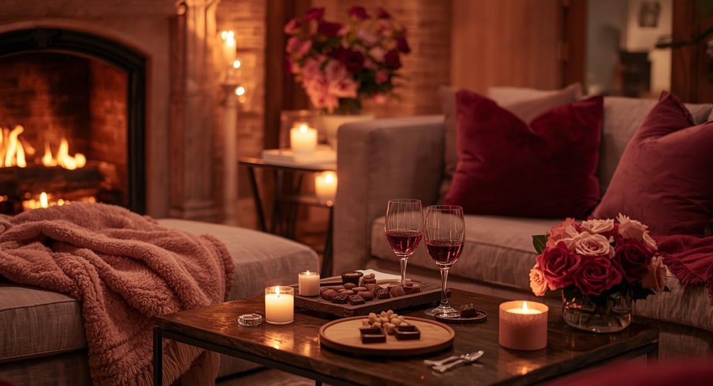 Candlelit living room glowing with warm fairy lights and cozy romantic ambiance.