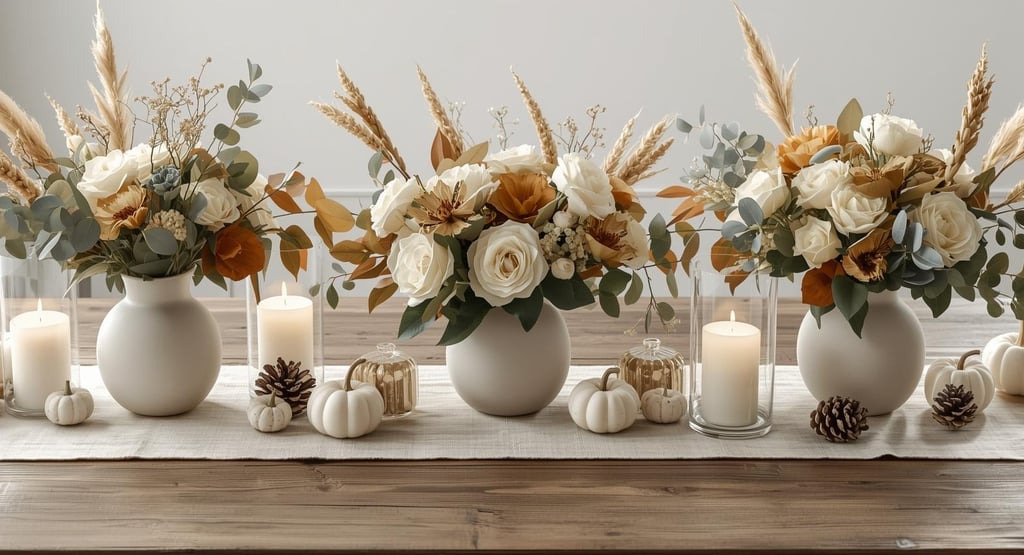 a table with sophisticated centerpieces like flowers, pumpkins, and candles