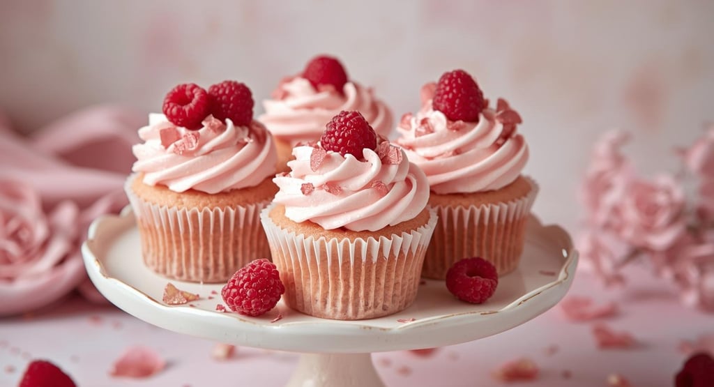 Elegant raspberry rose cupcakes topped with raspberries and rose petals on a vintage cake stand.