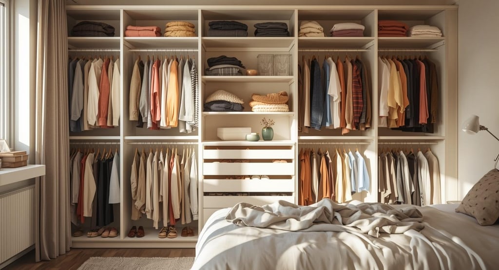 Neatly organized closet with clothes sorted and donation pile on bed.