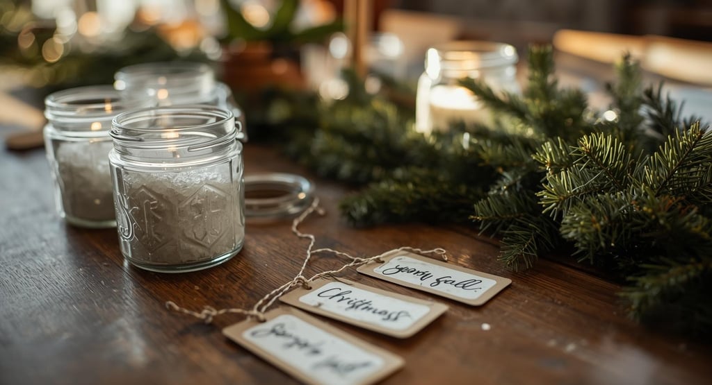 Homemade Christmas crafts like candle jars and greenery garland in progress.