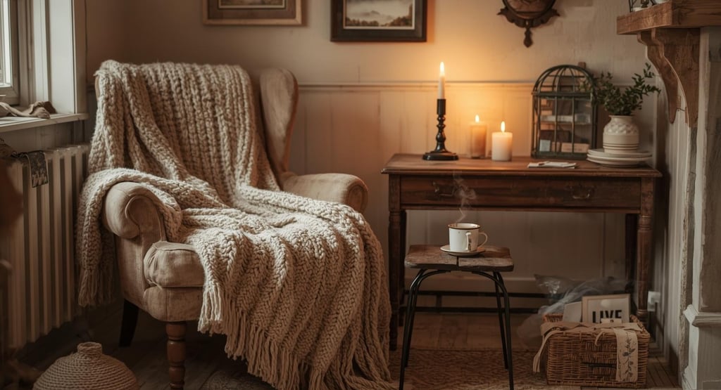 a chair with a cozy blanket on it and a candle