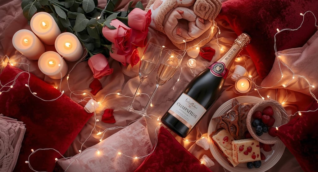 Flat lay of Valentine’s decor items like candles, flowers, and cozy textiles.