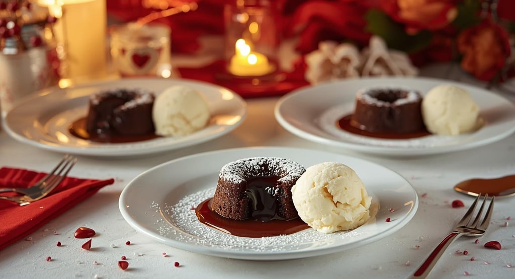 Warm mini molten lava cakes with melting chocolate centers and ice cream on white plates with romant