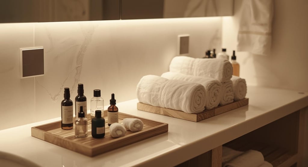 Organized bathroom counter with towels and skincare in neat trays.