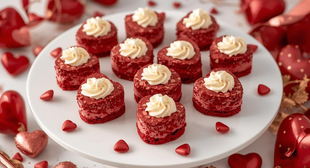 Heart-shaped red velvet cheesecake bites with cream cheese swirls on a white platter.