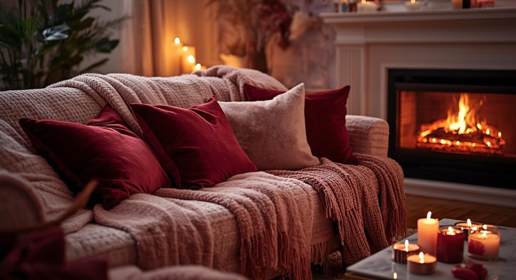 Cozy living room with velvet pillows, blankets, and candlelight for Valentine’s night.