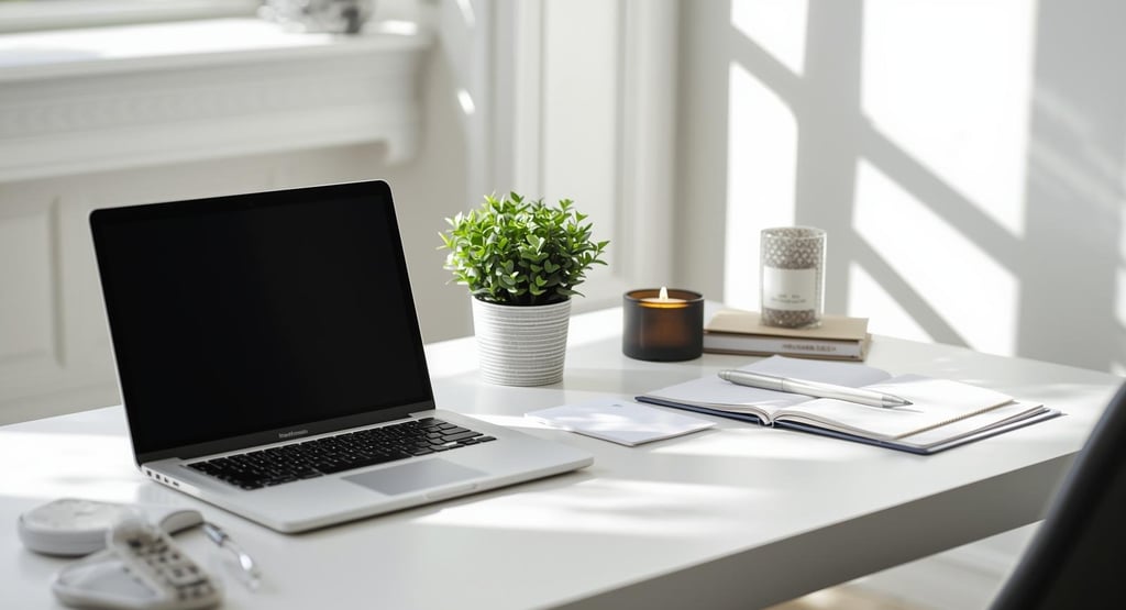 Clean minimalist desk with laptop, plant, and organized stationery.